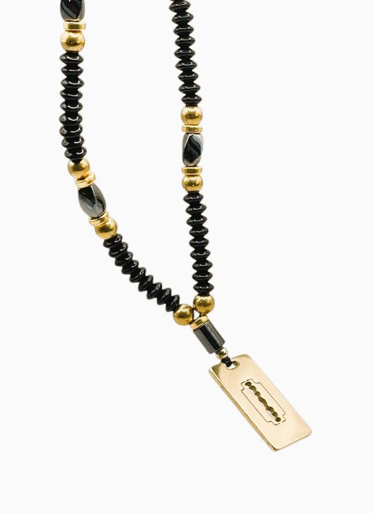 Designer Beaded Necklace, Black Onyx with Gold Accents, Razor Blade Pendant Long for Men