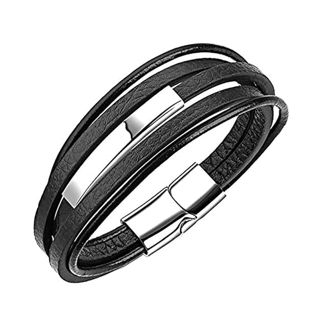 Classic Multi-Layer Black Leather Bracelet with Stainless Steel Accessories with Magnet Buckle for Men and Boys