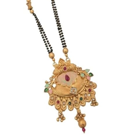 Womens High Gold Matte Finish Mangalsutra for Wedding, 24 Inch Long Black Moti Chain Gold Plated Mangalsutra