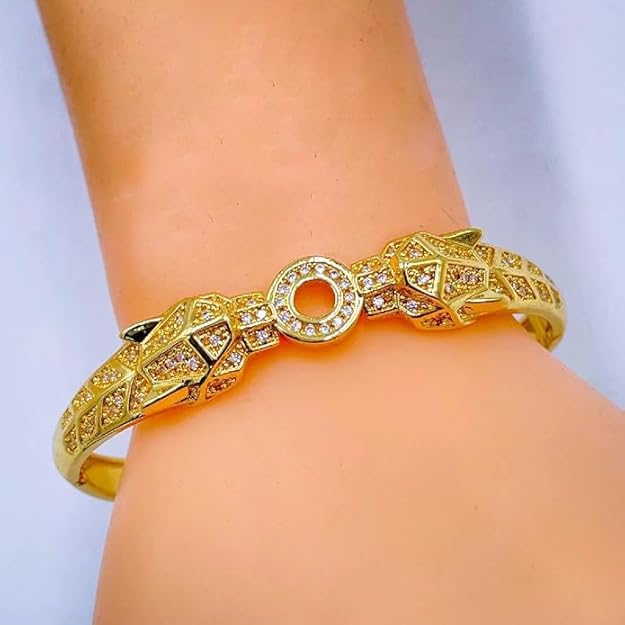 Dual Panther Evil Eye Enamel Cubic Zirconia Copper Gold Bangle Kada Women
