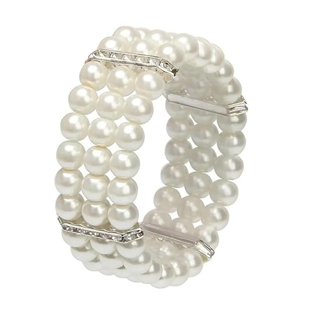Crystal Bracelet White Pearl Stone Three -Layer Bracelet | Plain Bead With Stone | Round Free Size Elastic Natural Handmade Bracelet For Girls & Womens White