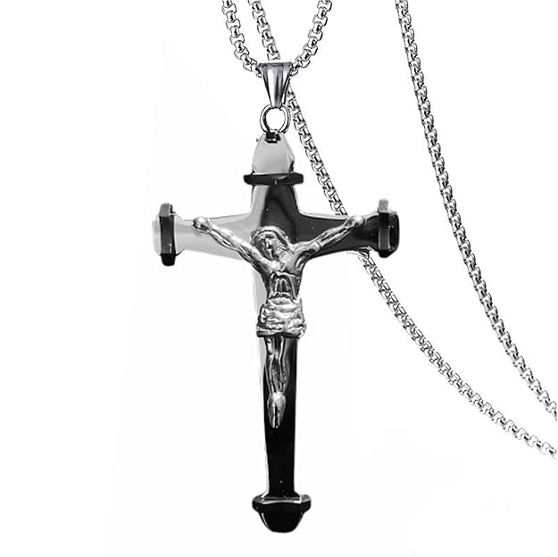 Lord's Prayer Cross Necklace Stainless Steel Curb Chain Christ Designer Delicate Pandant for Men & Boys 22"