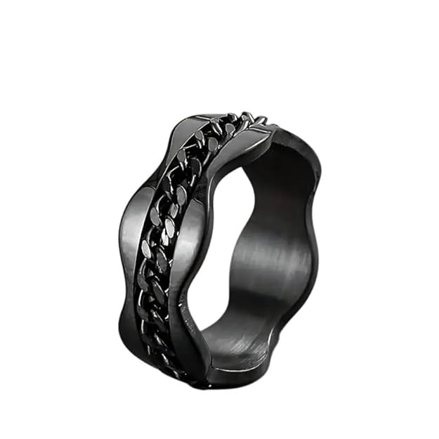 Black Stainless Steel Chain Link Ring, Wavy Design, Unisex Fashion Band Finger Ring for Men Size 17-20