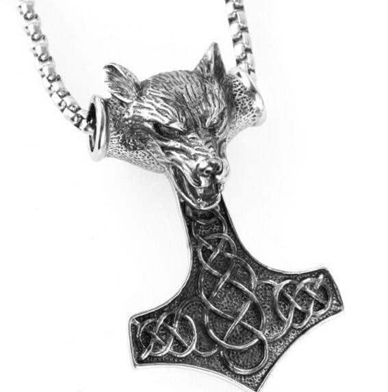 Stainless Steel Viking Wolf Head Celtic Knot Odin Mjolnir Pendant