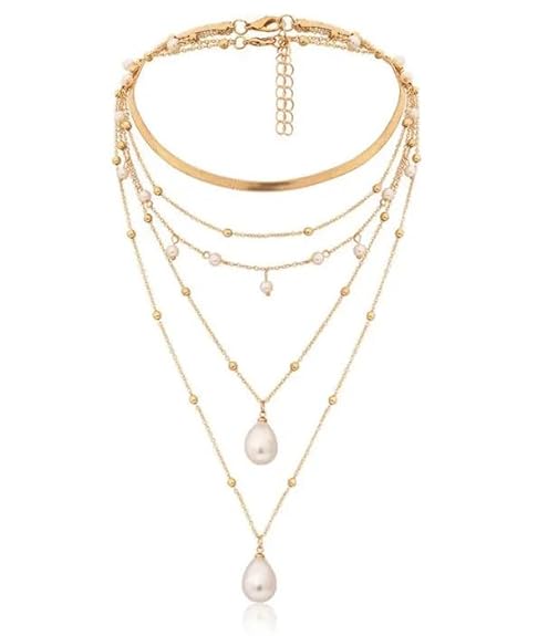 Layered Pearl Drop Choker Necklace Gold Plated Chain, Multi Strand Design Gothic Baroque Pearl Tassel Multilayered Wedding Necklace for Women