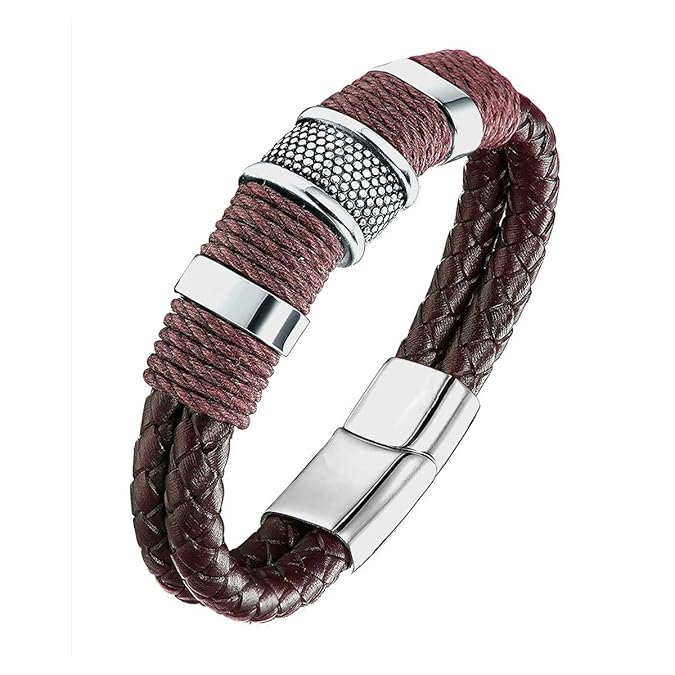 Rope Braided Brown Leather Stainless Steel Wrist Band Bracelet Accents, Magnetic Clasp for Men