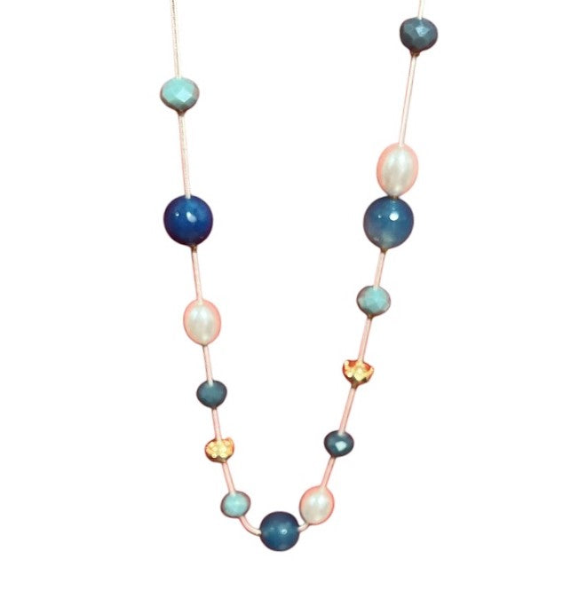 Pearl and Amber Beaded Necklace, Long Length, Blue-Tone Accents, Pink Cord For Women Size 19" Long