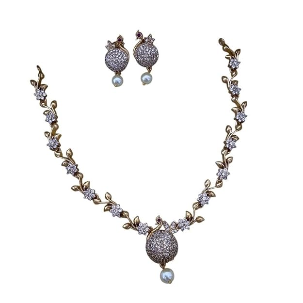 Necklace and Earrings Set, Gold-Toned Floral Design with Pearl Drops, American Diamond Studded