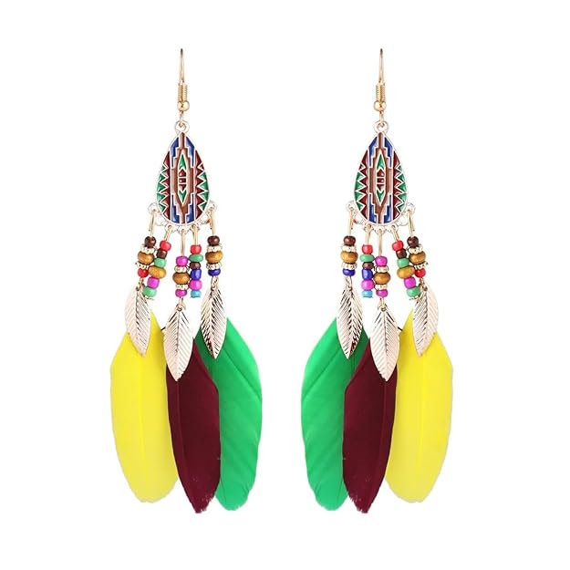 Feather Leaf Enamel Beads Green Yellow Brown Hanging Dangle Earring