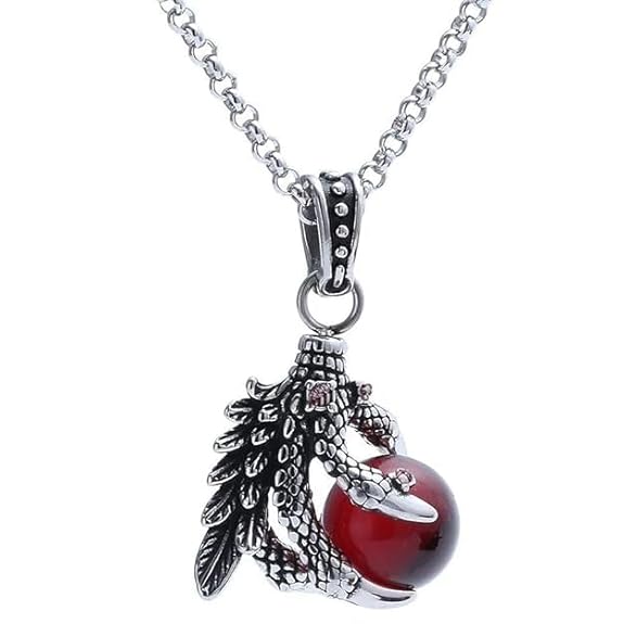 Stainless Steel Chain Dragon Claw Pendant Necklace Blue White Black Red Glass Bead Pendant Retro Style Jewellery Accessories | 22" Orange