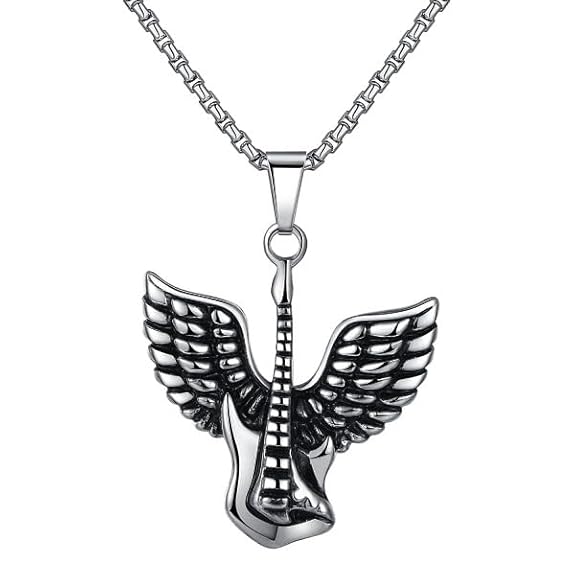 Stainless Steel Angel Wing Guitar Pendant Necklace Unisex 21" Link Chain