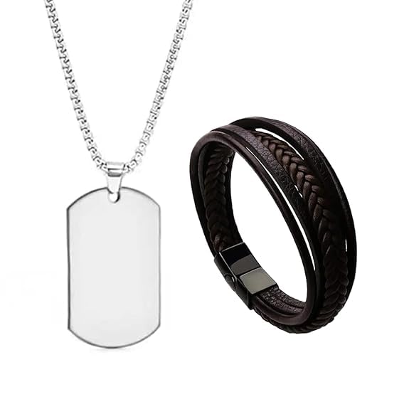 Combo Pack of 2 Brown Leather Wrist Wrap Band Bracelet | Stainless Steel Dog Tag Silver Pendant Necklace for Men & Boy