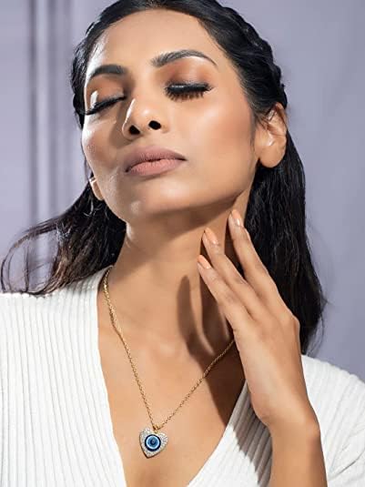 Blue Stones Gold Plated Evil Eye Heart Pendant Chain For Womans & Girls