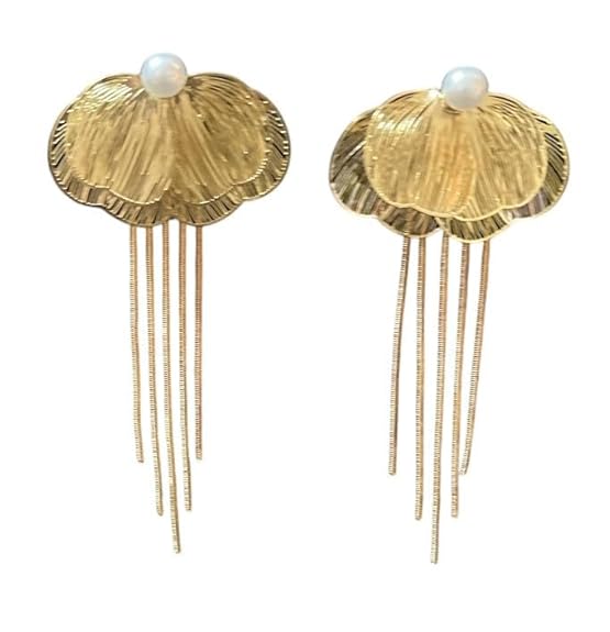 Pearl Drop Dangle Earrings, Gold-Plated Shell Design with Tassel, Statement Fashion Jewellery