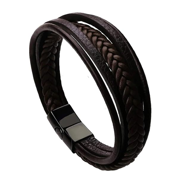 Genuine Brown Leather Braided Wrap Bracelet with Double Magnetic Clasp for Men & Boys