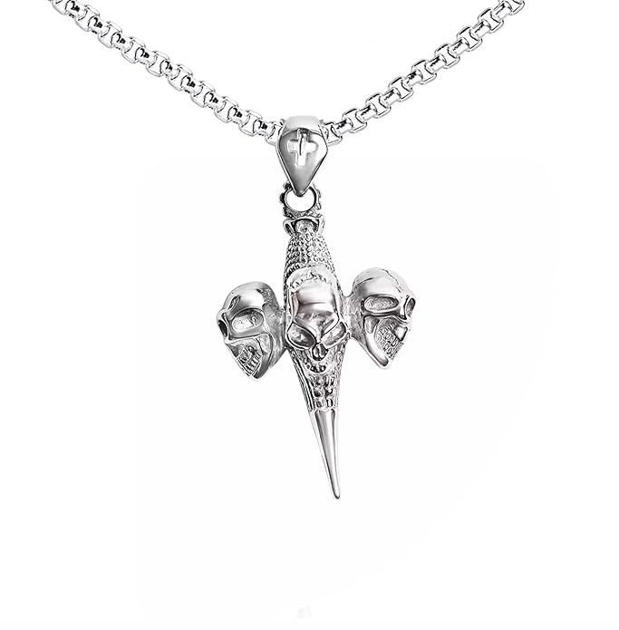 Gothic Triple Skull Pendant with Chain Stainless Steel Box Chain Cross Detail for Men Size 24