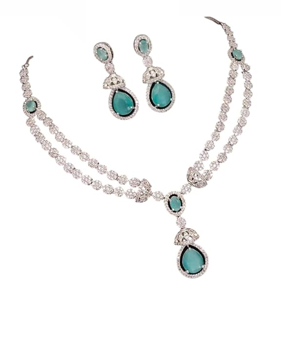 AD Necklace Set  Elegant Jewellry for Women  Crystal Pendant and Earrings Light Green