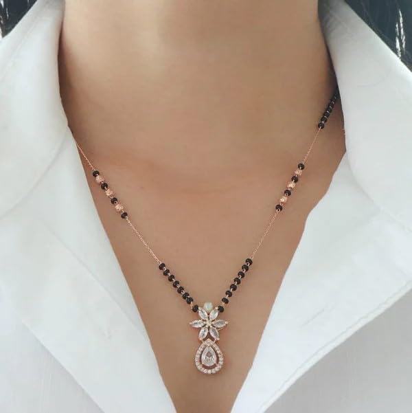 Flower Cubic Zirconia Copper Rose Gold Beads Neck Mangalsutra Women