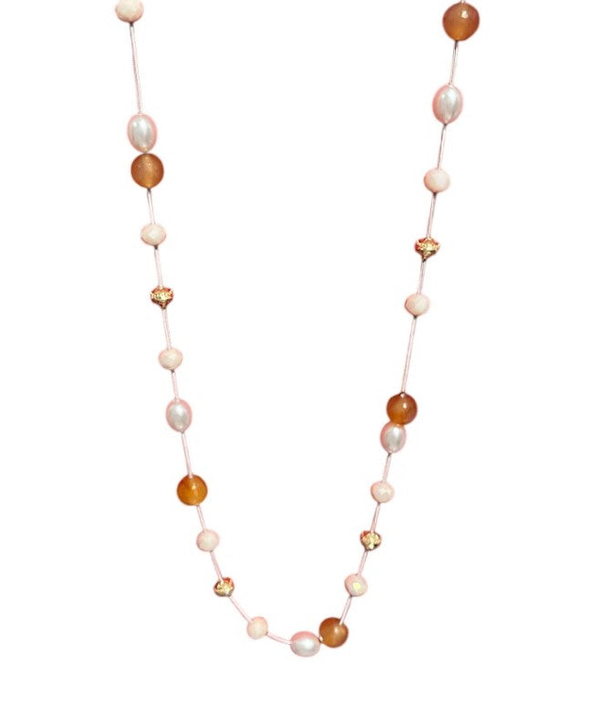 Pearl and Amber Beaded Necklace, Long Length, Gold-Tone Accents, Pink Cord For Women Size 19" Long