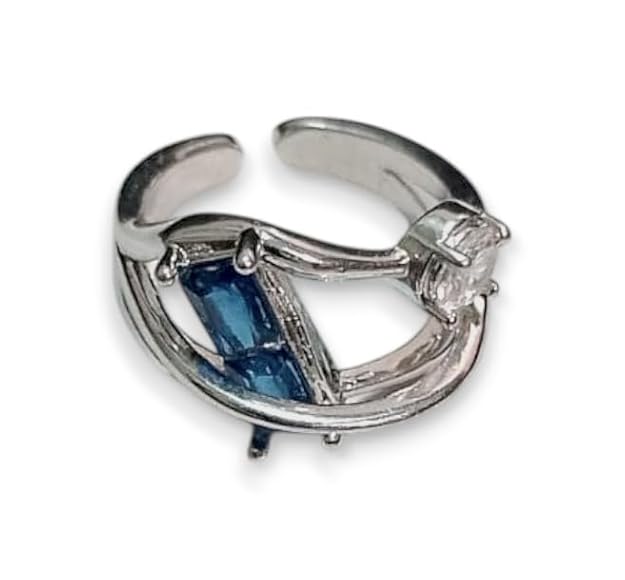 Adjustable Silver Ring with Blue Crystal and Clear Stone, Modern Design Blue and White for Women