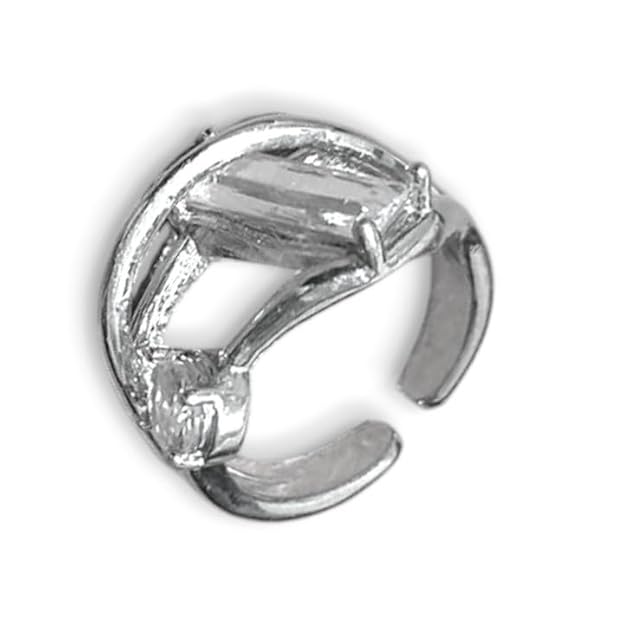 Adjustable SilveRing with White Crystal and Clear Stone, Modern Design Blue and White for Women