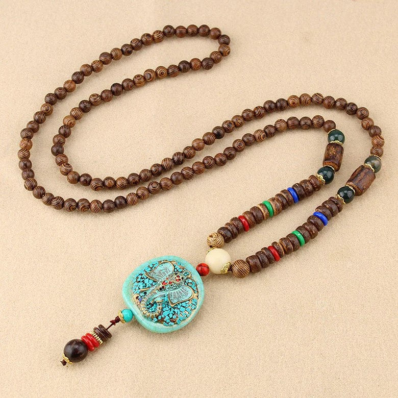 Ethnic Blue Beads Necklace Long-Style Ganeshji Pendant Handcrafted Wooden Bead Necklace For Women Men