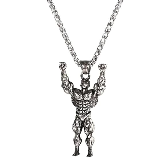 Stainless Steel Bodybuilder Wrestler Pendant Necklace Box Chain for Men and Boys 24"