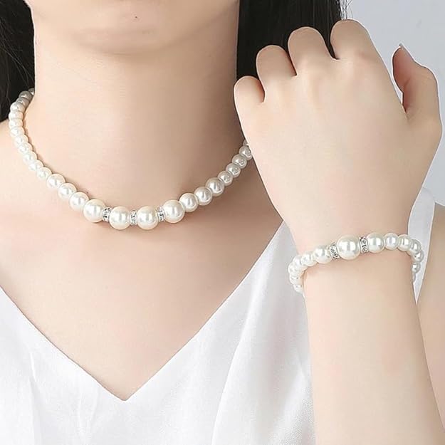 White Pearls with Crystal Choker Necklace, Earrings and Bracelet Jewelry Set for Women & Girls