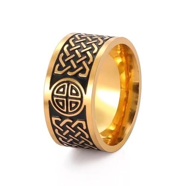 Stainless Steel Celtic Knot Ring Gold Plated Band, Traditional Irish Design Western Band Ring for Men and Boys Size 17-20