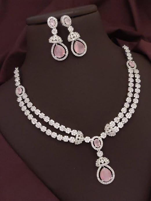 American Diamond Drop Necklace Set - Elegant Jewellry for Women Crystal Pendant and Earrings Pink