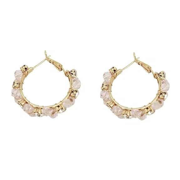 Crystal White Stone Hoop Earrings For Casual Wear | One-Size | Alloy Material | Hinge Closure For Woman & Girls