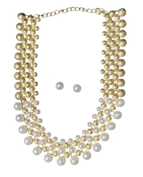 Pearl and Gold Tone Beaded Statement Necklace Set with Stud Earrings, Double Layer Chain Design Necklace Set for Women/Girls