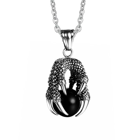 Stainless Steel Chain Dragon Claw Pendant Necklace Silver Black Glass Bead Pendant Retro Style Jewellery Accessories 22" Black