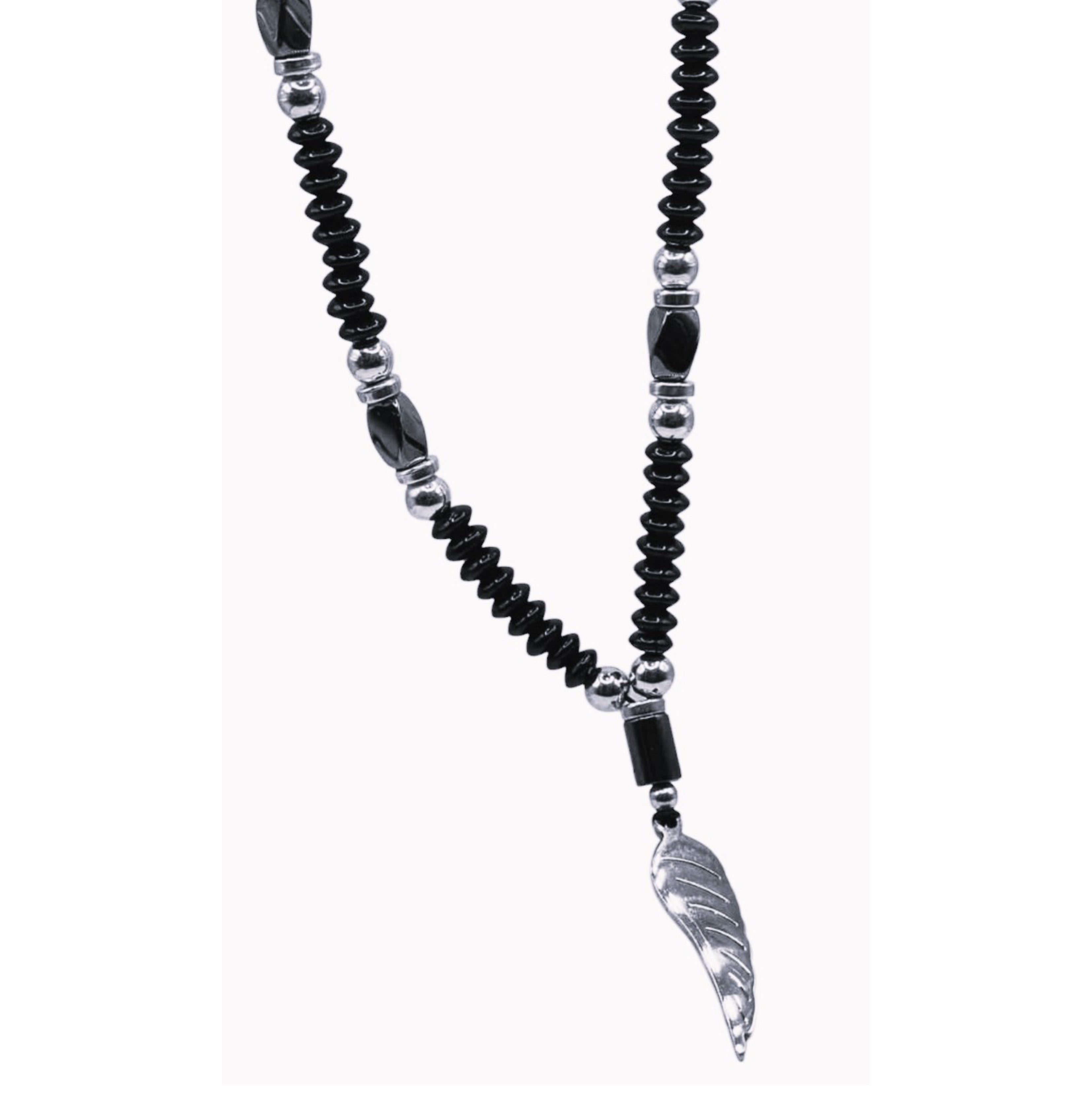 Handcrafted Black Beaded Necklace with Silver Accents and Feather Pendant for Men Size 20"