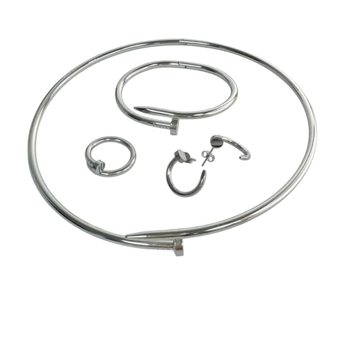 Stainless Steel Women Simple Versatile Style Nail Adjustable Ring Bracelet Earings Necklace Collar Jewellery 4 Piece Set