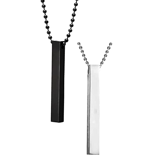 Pure 316L Alloy Stylish Silver- Black 3D Cuboid Vertical Bar-Stick Locket Pendant Necklace Chain for Men and Boys (pack of 2)