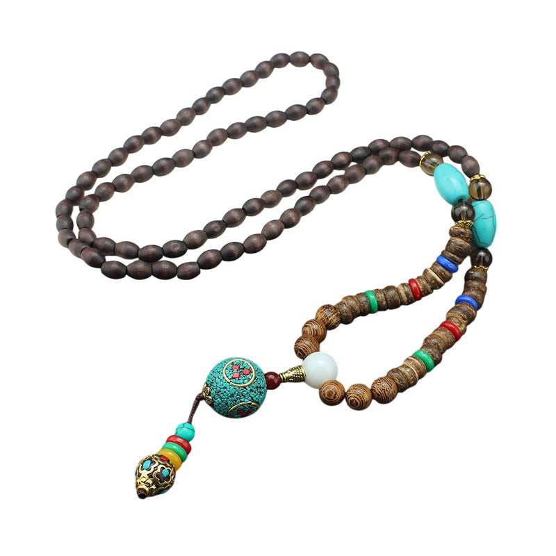 Stylish Wood Bead Long Necklace with Blue Pendant with Turquoise Stone, Decorative Pendant, Multicolour for Men & Boys or WOmen (36 Inch)