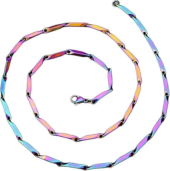 MultiColor Rice Chain 20" Rainbow Titanium Chain Style - Necklace for UNISEX Pure Stainless Steel Chain for Men