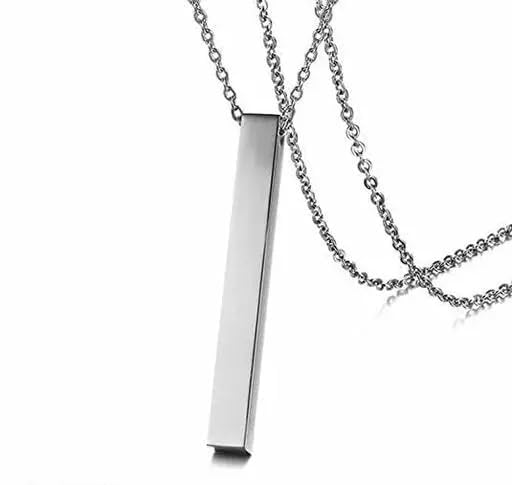 Fancy Black 3D Cuboid Vertical Bar Stick Locket Pendant 24 inches Chain Stainless Steel Pendant Set Boys Mens SIlver