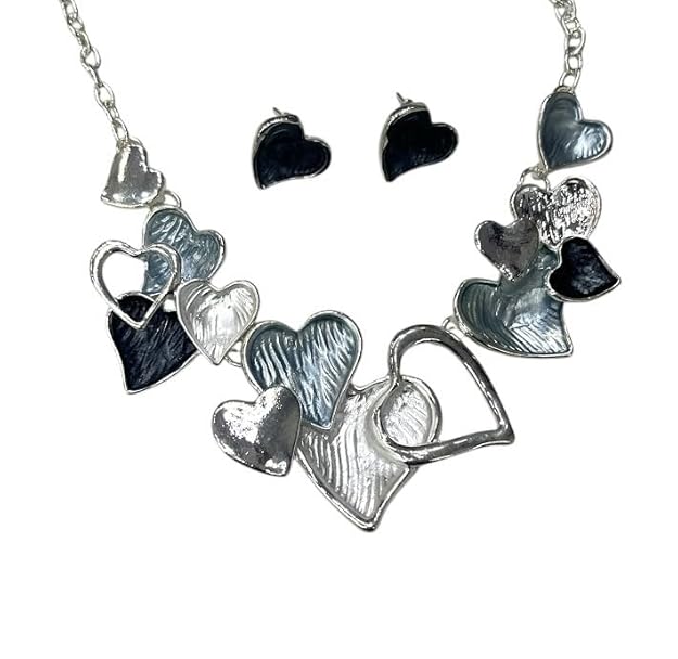 Heart Statement Necklace and Earrings Set, Grey and Black, Multi-Heart Design, Fashion Jewellery For Woman & Girls