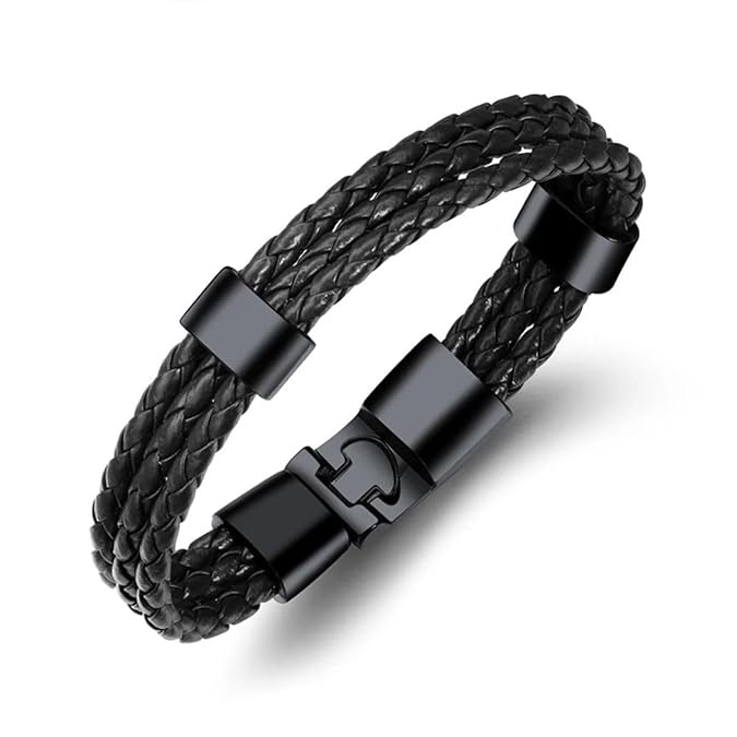 Biker Triple Layer Black Handcrafted Genuine Leather Wrist Band Wrap Bracelet For&nbsp;Men &amp; Boys Black