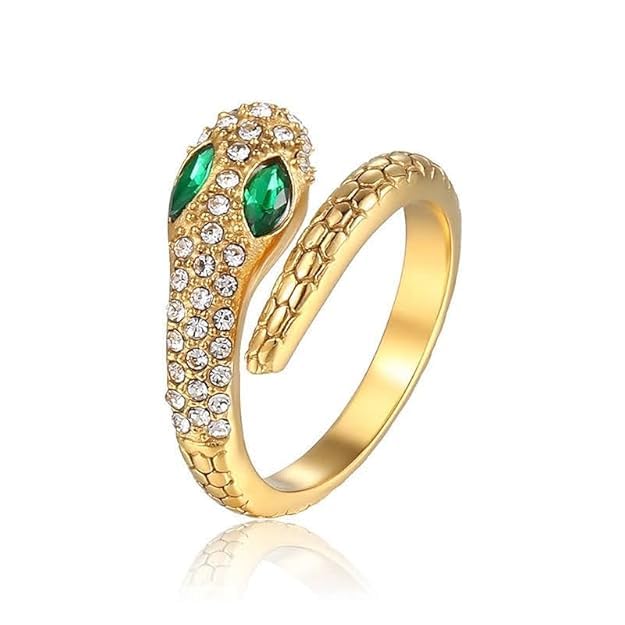 Fashion Jewelry Adjustable Green Eye Snake Head Shape Zircon Pave 18K Gold Plate Stainless Steel Gold Snake Ring for Women