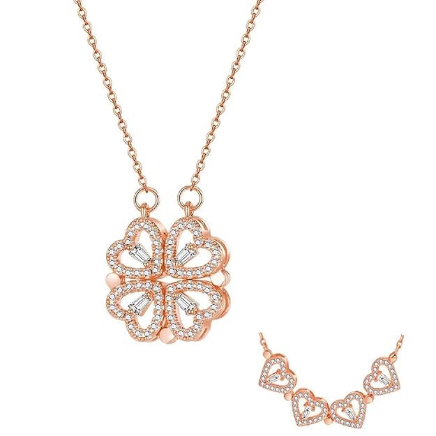Rosegold-plated Two In One Magnetic Hearts Clover Pendant Necklace Gold-plated Stainless Steel Pendant