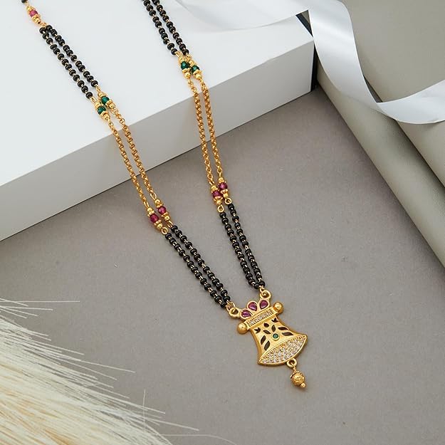 Gold Plated Necklace Short Mangalsutra Black Beads Tanmaniya, Chain