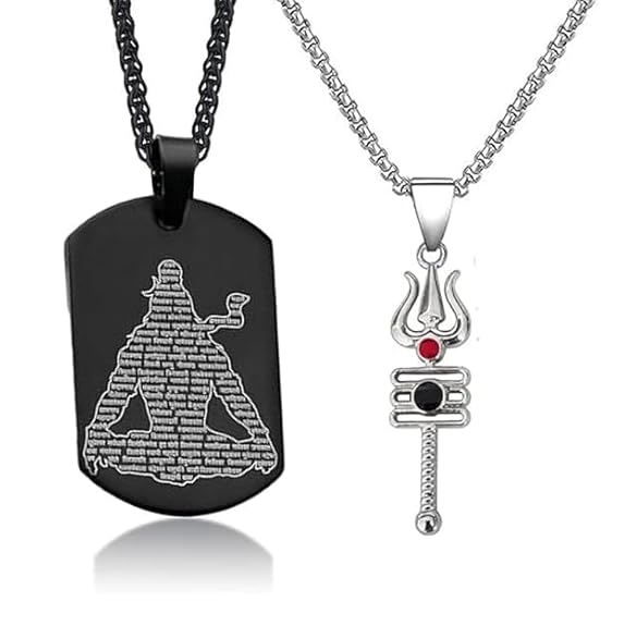 Mahadev Locket Jyotirling Dog Tag and Trishul Stainless Steel Pendant Necklaces, 22" Black and Silver, Combo Pack of 2