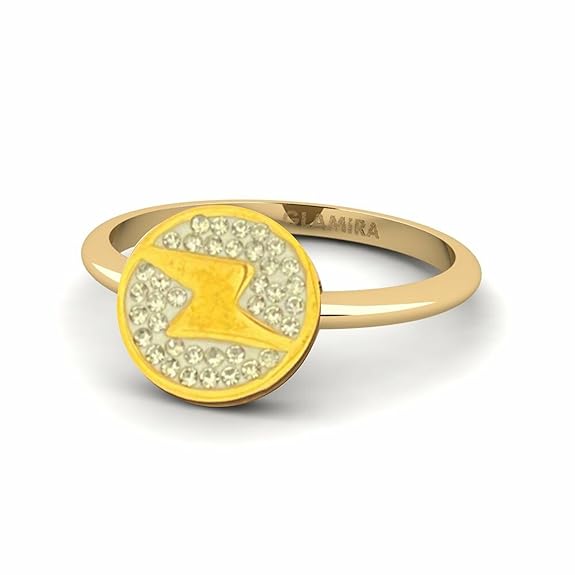 Crystal-Embellished Gold Ring with Yellow Enamel Design, Round Face Jewellery Gifts for Women Girls Men, Size 17-20