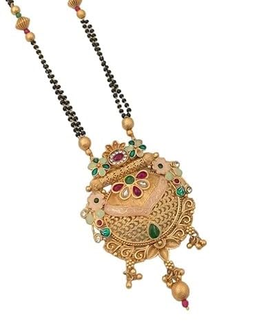 Antique Design Pendant Mangalsutra, 24 Inch Long Black Moti Chain Gold Plated for Women