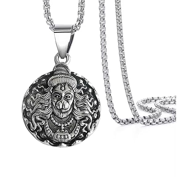 Bajrangbali Hanuman idol Monkey God of Devotion Locket Silver Zinc and Metal Pendant Necklace Chain For Men 22"