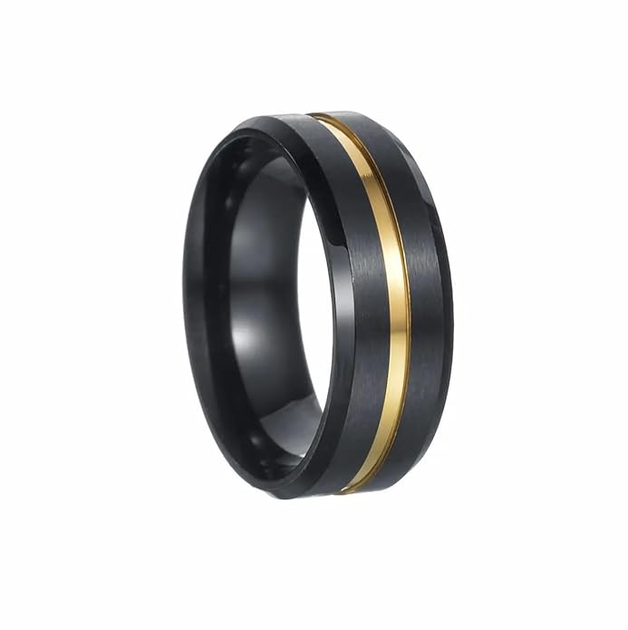 8mm Gold Groove Beveled Edge Black Tungsten Wedding Ring For Men Black Polished Steel Engagement Ring Mens Wedding Bands Size 17-21