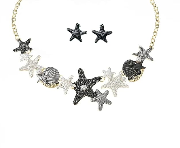 Luxury Women Sea Shell Gold Plated Chains Necklace Set with Earring Summer Beach Starfish Statement Necklace